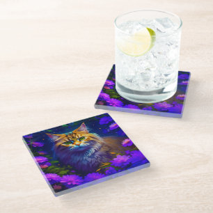 Dessous-de-verre En Verre Joli Chat Orange dans les Fleurs