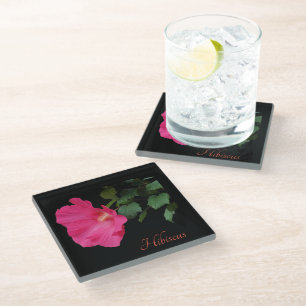 Dessous-de-verre En Verre Joli hibiscus rose sur noir