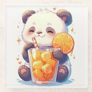 Dessous-de-verre En Verre Joli Panda Buvant du Jus d'Orange Dessous de Verre