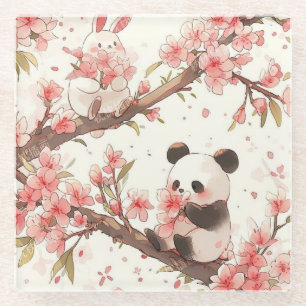 Dessous-de-verre En Verre Joli Panda & Lapin Coaster Fleur de Cerisier Kaw