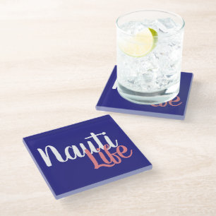 Dessous-de-verre En Verre joli script NAUTI LIFE nautique sur bleu marine  