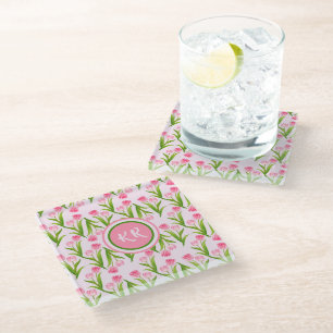 Dessous-de-verre En Verre Joli Tulipe rose Fleurs Florales Feuille Monogramm
