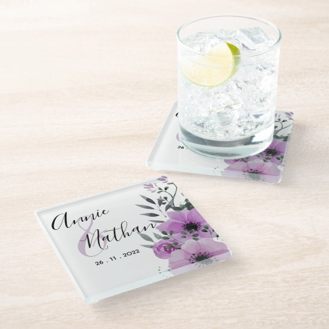 Dessous-de-verre En Verre Joli Violet Floral Romantique Script Party (Incliné)