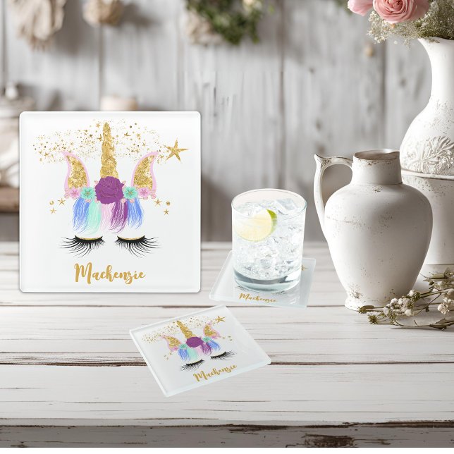 Dessous-de-verre En Verre Jolie licorne florale (Pretty Floral Unicorn Glass Coaster)