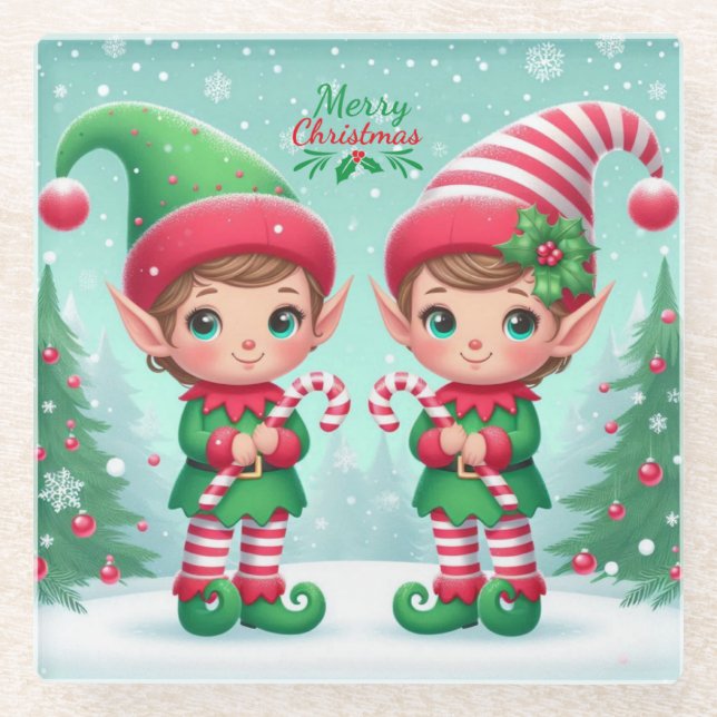 Dessous-de-verre En Verre Jolies elfes de Noël (Devant)