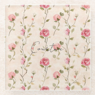 Dessous-de-verre En Verre Jolies roses crème florales douche de mariage