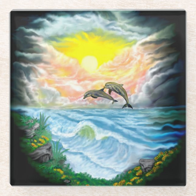 Dessous-de-verre En Verre Jouer aux dauphins sous le soleil (Devant)