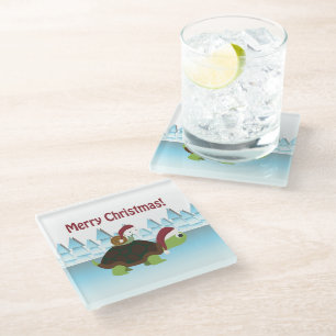 Dessous-de-verre En Verre Joyeux Noël! San Turtle et Père Noël Snail