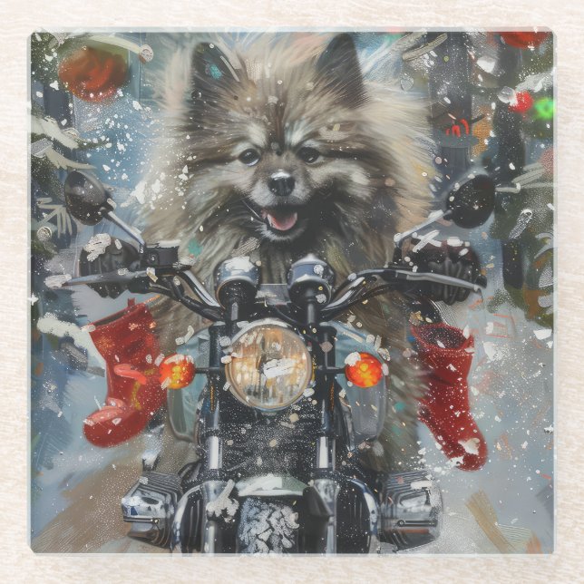 Dessous-de-verre En Verre Keeshond chien équitation moto Noël (Devant)