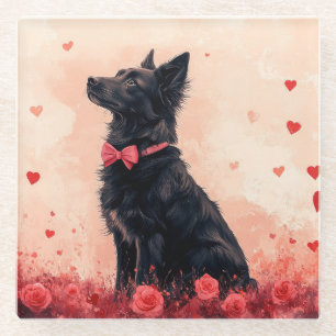 Dessous-de-verre En Verre Kelpie australien avec des roses - Saint-Valentin