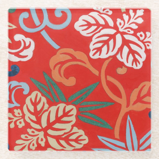 Dessous-de-verre En Verre Kimono japonais hawaïen rouge : Vintage floral (Devant)