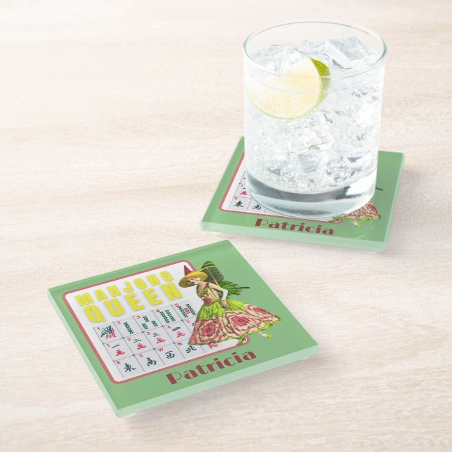 Dessous-de-verre En Verre Kitschy Mahjong Reine Personnalisée (Incliné)