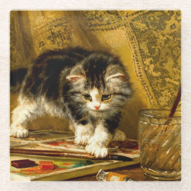 Dessous-de-verre En Verre Kitten avec peinture et brosses (Devant)