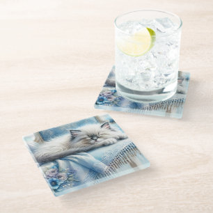 Dessous-de-verre En Verre Kitten Endormi Cottagecore Rêve Bleu