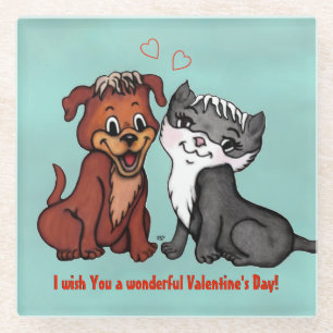 Dessous-de-verre En Verre Kitty et Puppy, Joyuse Saint-Valentin !