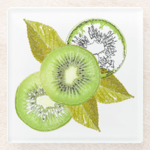 Dessous-de-verre En Verre Kiwi, fruits, vert, tranche, frais, vert et blanc,