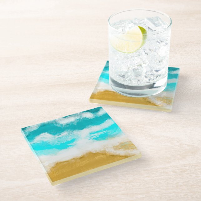 Dessous-de-verre En Verre La côte côtière des vagues de l'océan Turquoise (Incliné)