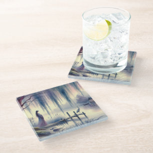 Dessous-de-verre En Verre Lac Serene Imaginaire avec saule et héron