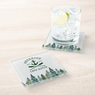 Dessous-de-verre En Verre Lake House Nom de famille Ancre Oars Pines