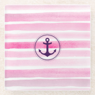 Dessous-de-verre En Verre L'aquarelle rose nautique barre l'Ancre à la mode