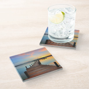 Dessous-de-verre En Verre Le paysage marin des quais de bois au coucher du s