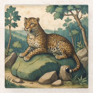 Dessous-de-verre En Verre Leopard médiéval sur le rocher dans la nature