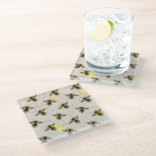 Dessous-de-verre En Verre Les abeilles sur Honeypeb Motif Jaune Gold Grey