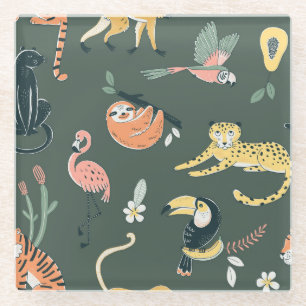 Dessous-de-verre En Verre Les animaux de la jungle Faune de la flore Vintage
