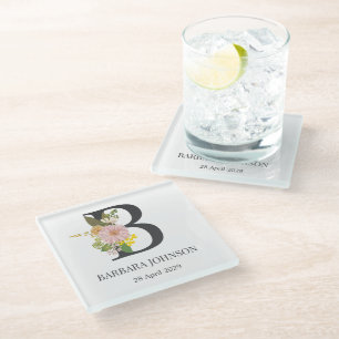 Dessous-de-verre En Verre Lettre B Monogramme Floral Nom et Date Personnalis