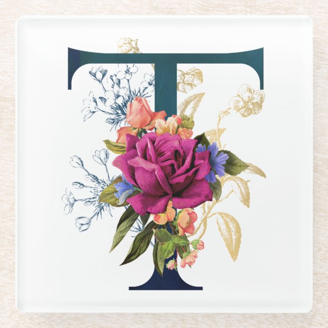 Dessous-de-verre En Verre LETTRE MONOGRAPHIQUE Florale T (Devant)