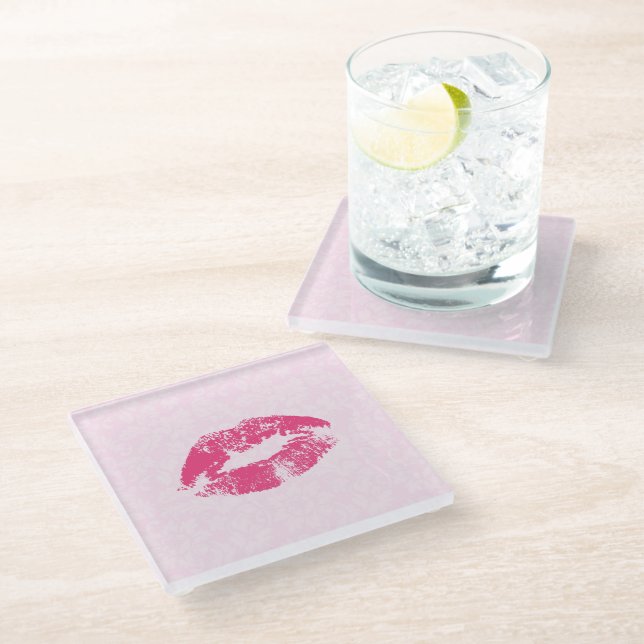 Dessous-de-verre En Verre Lèvres Roses Et Damas (Incliné)