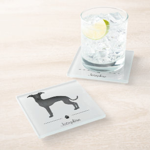 Dessous-de-verre En Verre Lévrier Italien Noir Chien Mignon Avec Texte Perso