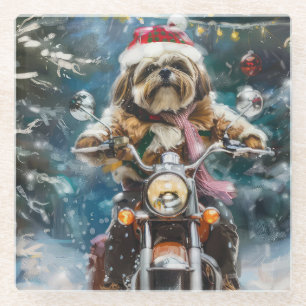 Dessous-de-verre En Verre Lhasa Apso Chien à cheval Moto Noël