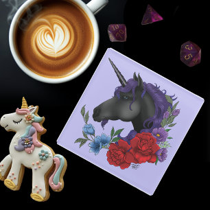 Dessous-de-verre En Verre Licorne noire Fleurs du jardin de minuit pourpre