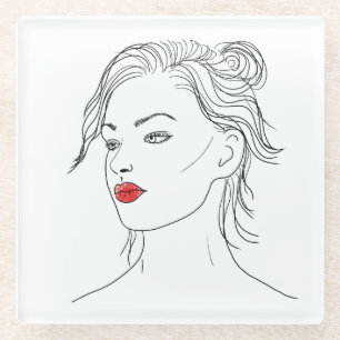 Dessous-de-verre En Verre Line Art   Femme en rouge
