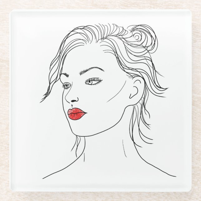 Dessous-de-verre En Verre Line Art | Femme en rouge (Devant)