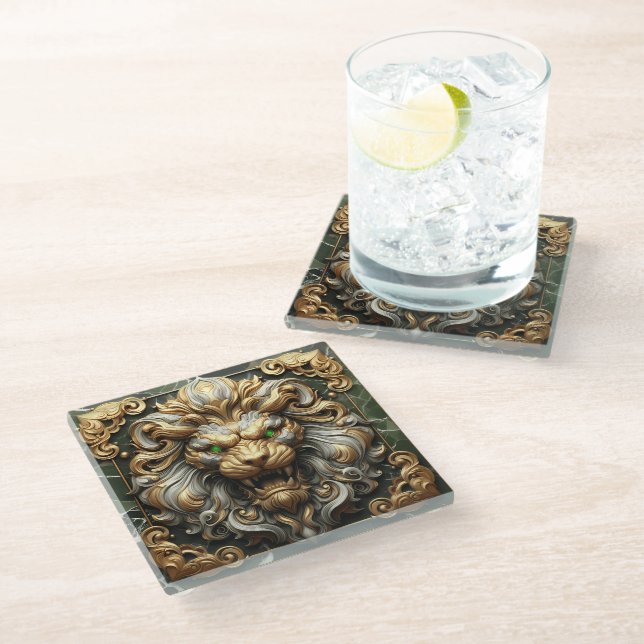 Dessous-de-verre En Verre Lion d'or gras avec expression de féerce (Incliné)