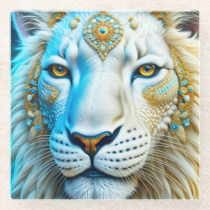 Dessous-de-verre En Verre Lion majestueux blanc et or