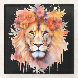Dessous-de-verre En Verre Lion Pastel Fleurs Safari Aquarelle Savannah Chat