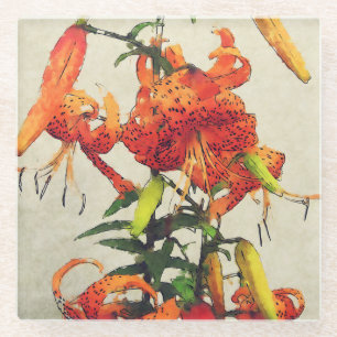 Dessous-de-verre En Verre Lis tigré aquarelle orange 1