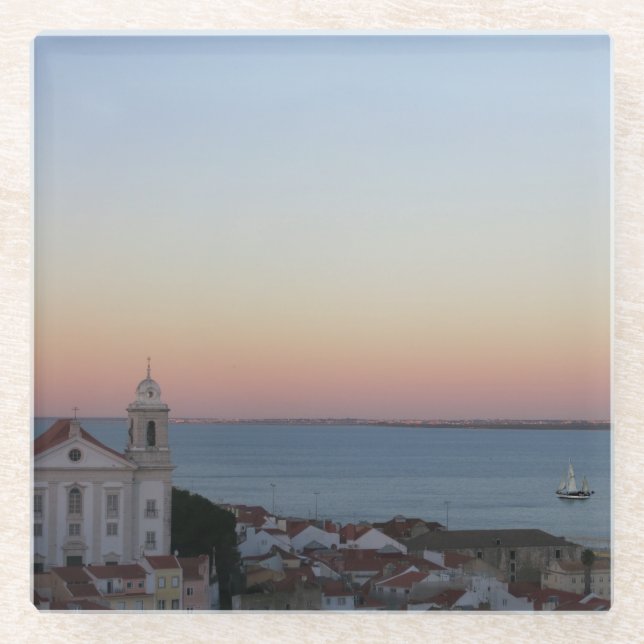 Dessous-de-verre En Verre Lisbonne Vue coucher de soleil Portugal Photo (Devant)