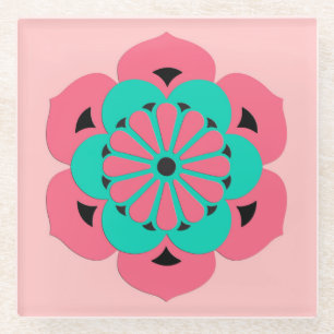 Dessous-de-verre En Verre Lotus Flower Mandala, Coral rose et Turquoise