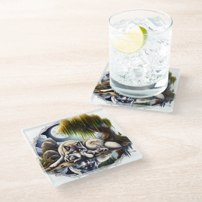 Dessous-de-verre En Verre Lune Sérénité Un Loup Slumpteur (Incliné)