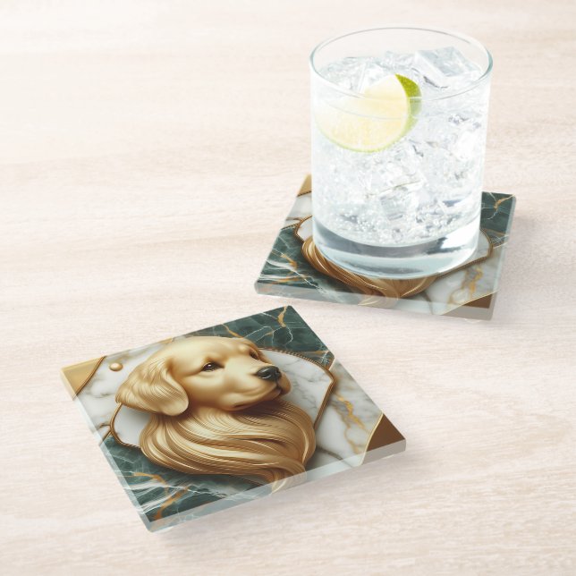 Dessous-de-verre En Verre Luxueux Golden Retriever Marble Détail (Incliné)