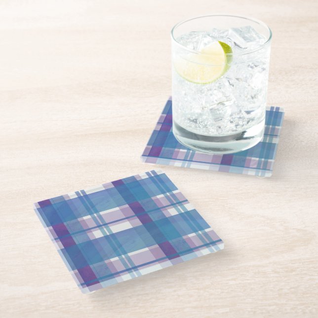 Dessous-de-verre En Verre Madras Plaid Blue et Purple (Incliné)