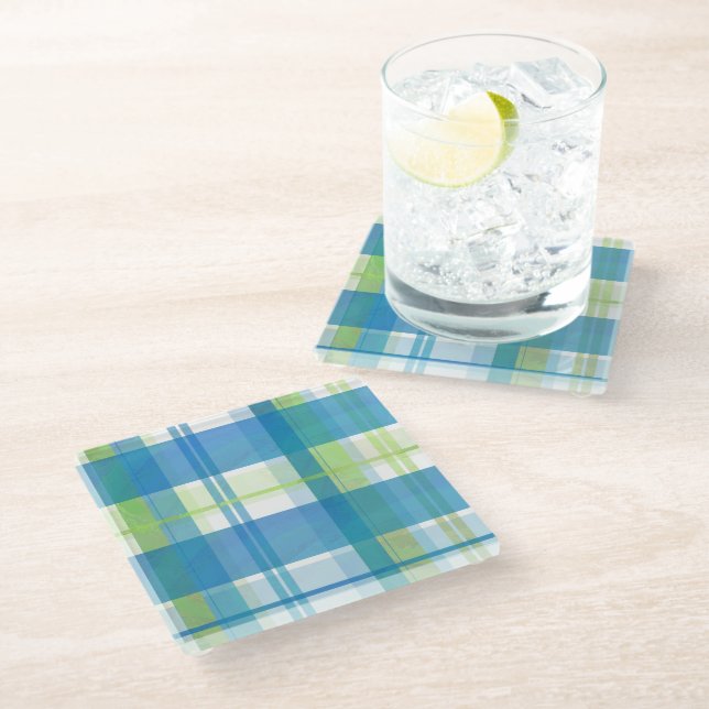 Dessous-de-verre En Verre Madras Plaid Green et Blue (Incliné)