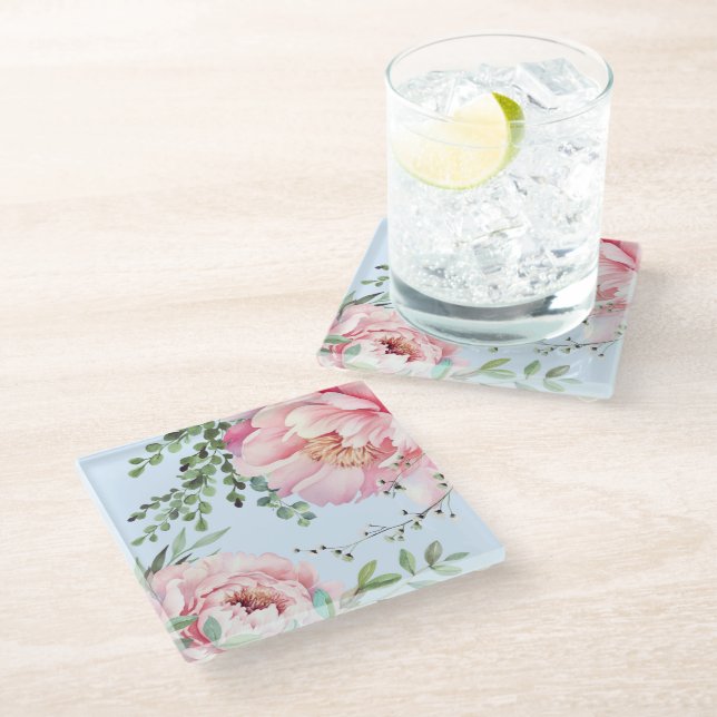 Dessous-de-verre En Verre Magnifique Dessous de verre de pivoines aquarelles (Incliné)