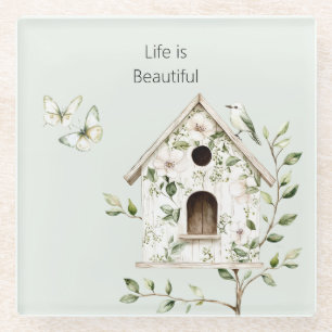 Dessous-de-verre En Verre Maison d'oiseau verte blanche Feuilles Fleurs Papi