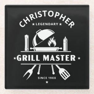 Dessous-de-verre En Verre Maître de Grill Légendaire Nom personnalisé Noir
