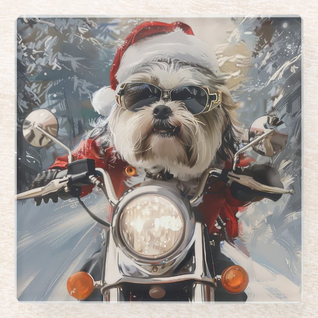Dessous-de-verre En Verre Malti Tzu Chien équitation Moto Noël (Devant)